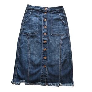 Tricot Long Denim Blue Fringe Hem Button Up Skirt Small